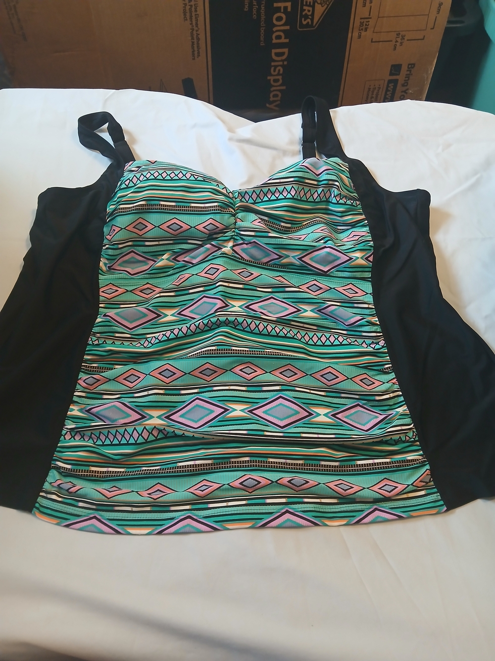 Catherines Black Tankini with Teal, Pink & Purple Aztec Print
